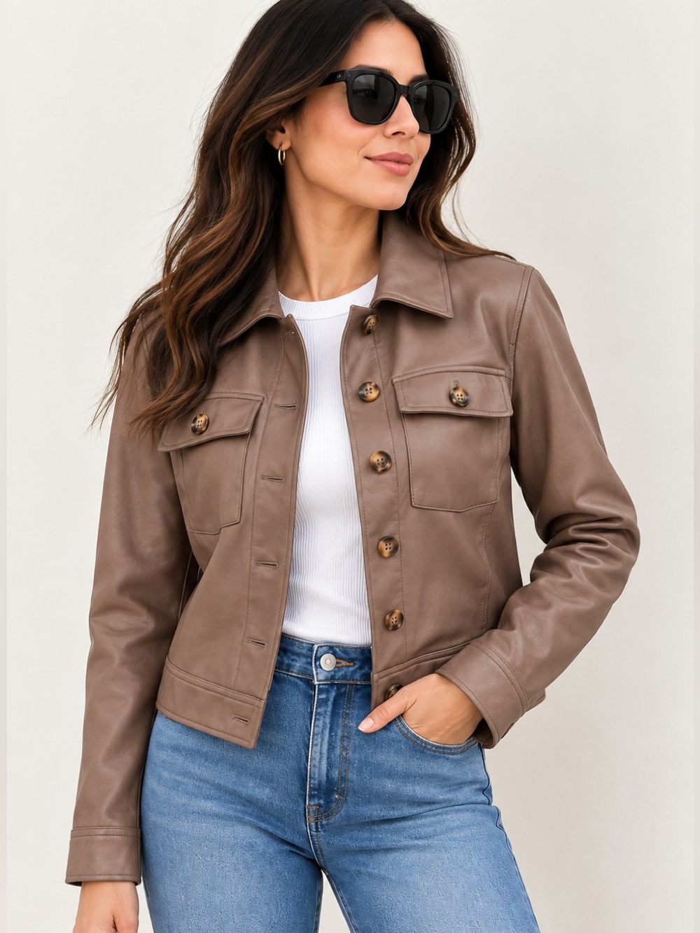 BAGATELLE COLLECTION TAUPE FAUX LEATHER TRUCKER JACKET Size S